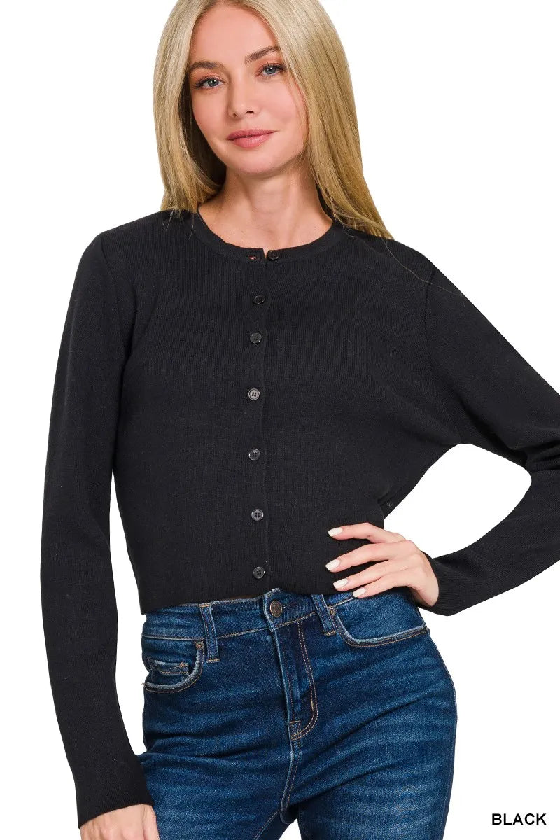 Zenana Cropped Cardigan Black Knit Button-Front Crewneck Long Sleeve BLACK 144b3f723cea4306ac4443b743d86cc1-Max-Origin Trendsi