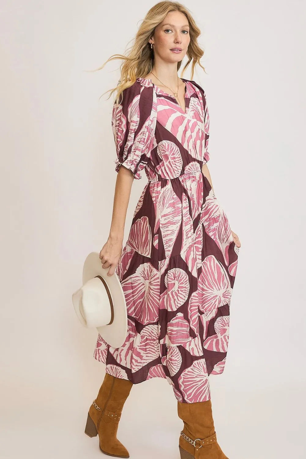 Umgee Midi Dress Mauve Leaf Printed Notched Puff Short Sleeve 14627811-b673-4c73-8fd8-3b943801703e-Max-Origin Trendsi