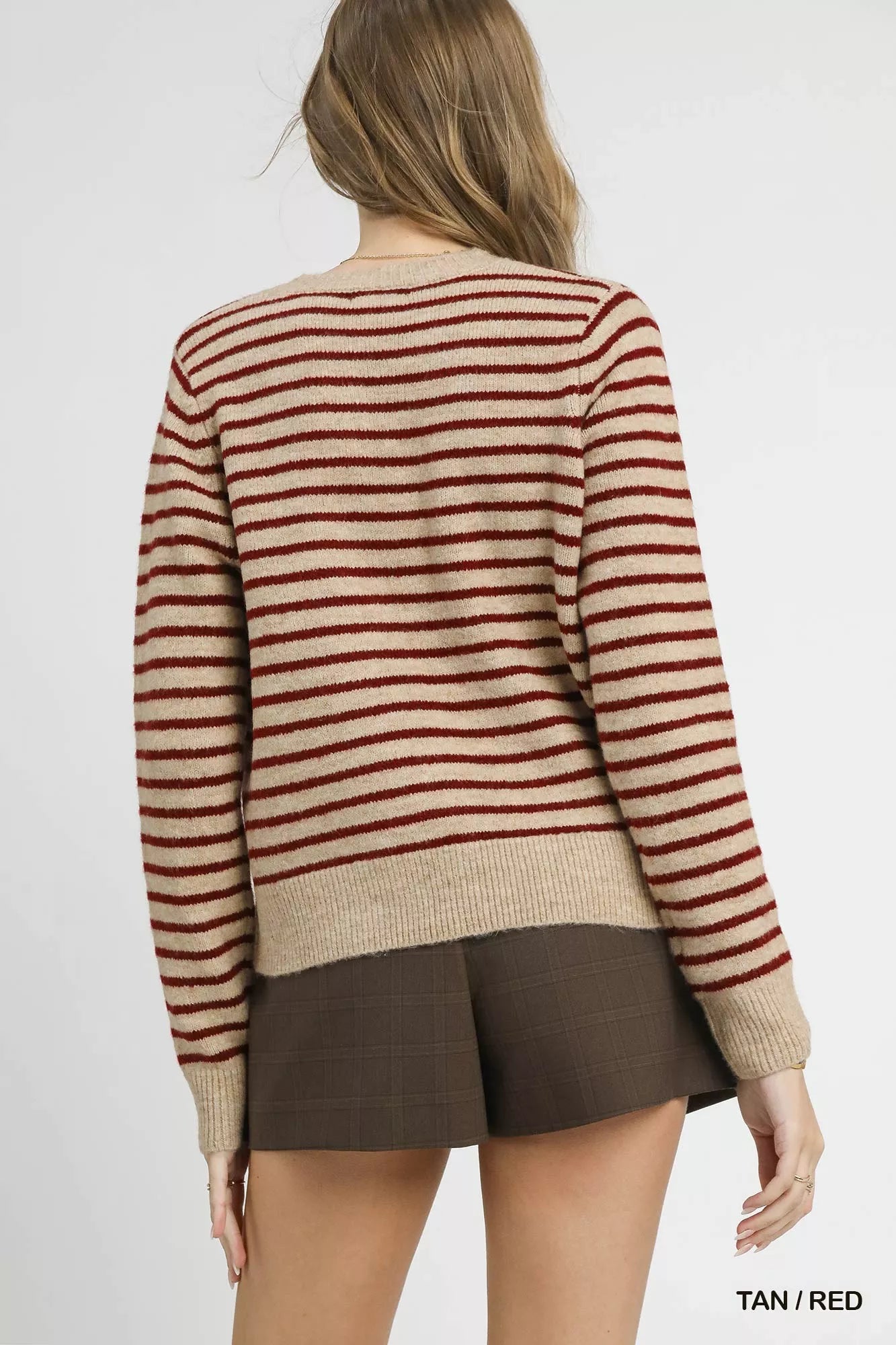 Umgee Women's Cardigan Tan Red Striped Button-Up Knit Sweater 146382f4-10de-41f2-940d-7379a7a20f72-Max-Origin Trendsi