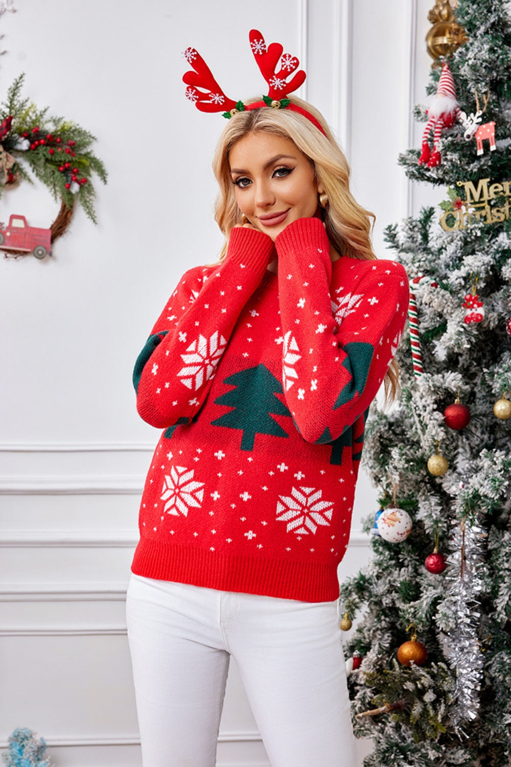 Christmas Tree Sweater Red Round Neck Long Sleeve Soft Knitwear