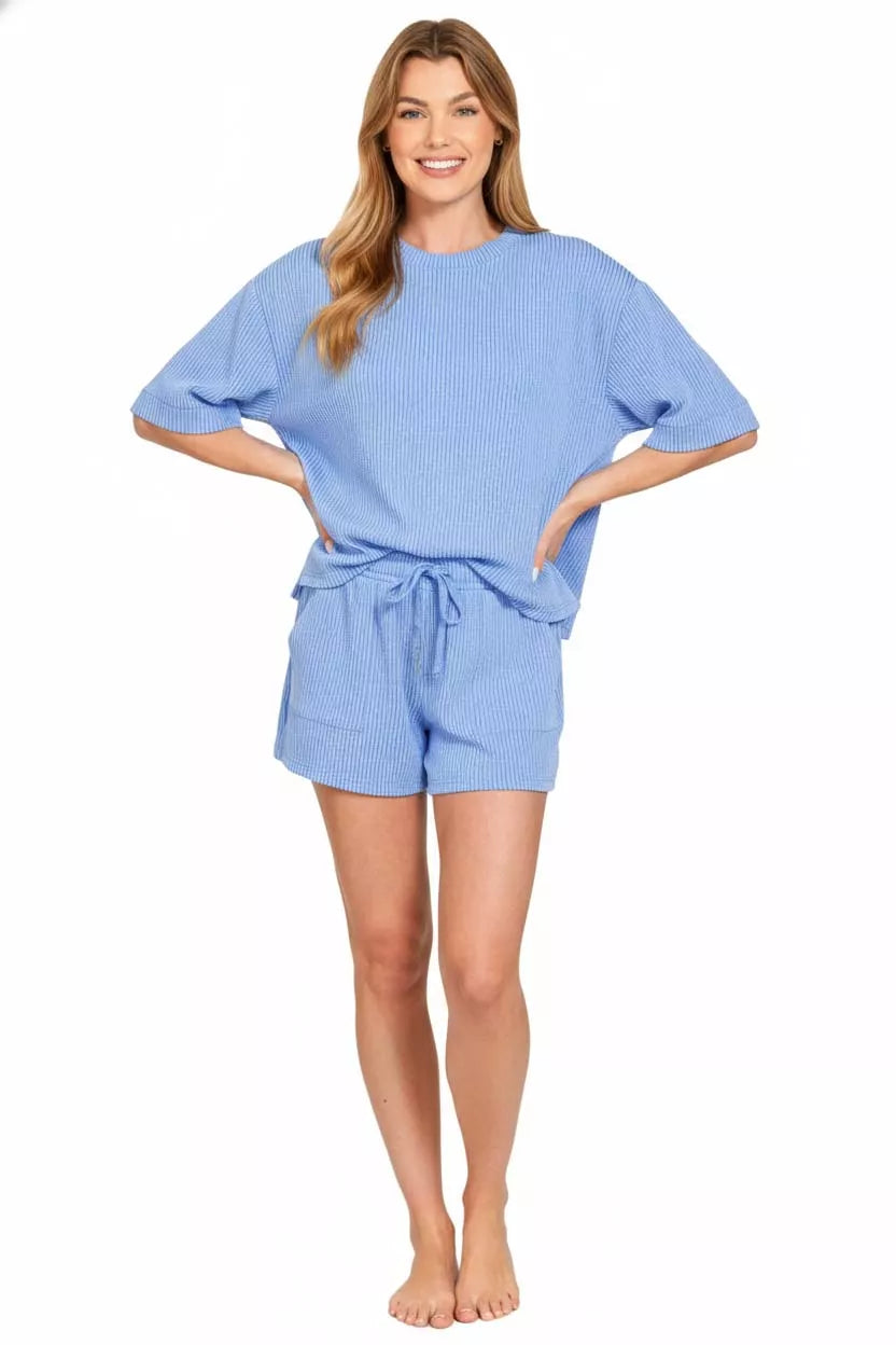 Zenana Outfit Set Blue Raised Rib Short Sleeve Top Tee and Drawstring Shorts 1472791a-985a-4401-9d76-3edb5d1cd1a4-Max-Origin Trendsi