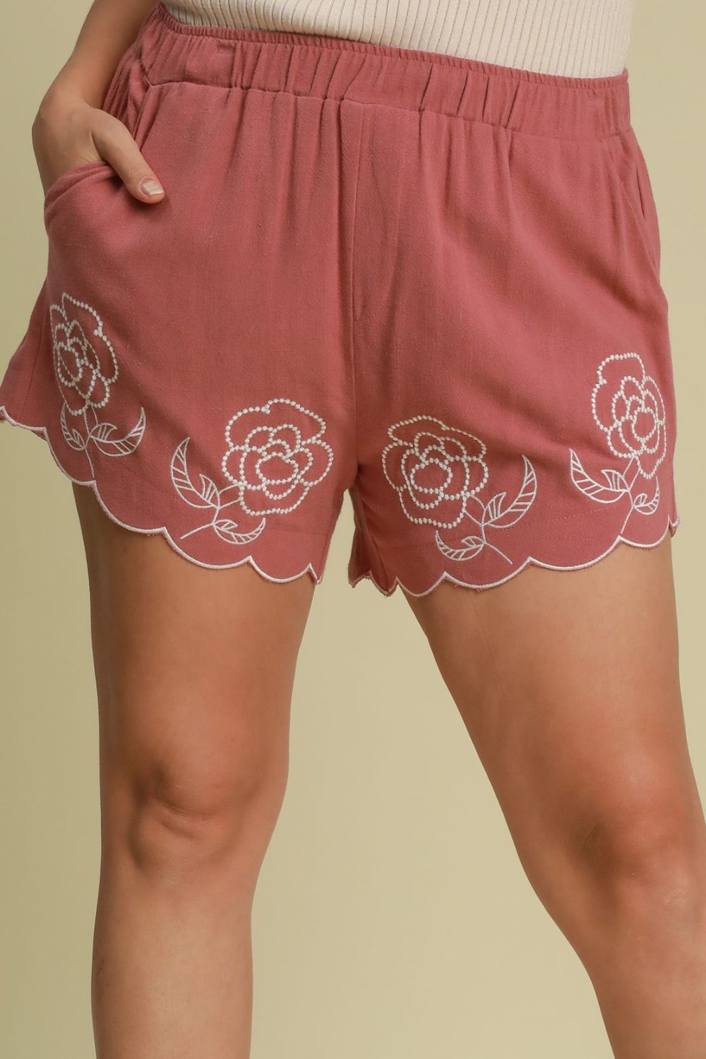 Umgee Linen Blend Shorts with Floral Embroidered Details Dusty Pink 14768d9d-b880-4c7b-890d-c286d741a53e-Max Trendsi