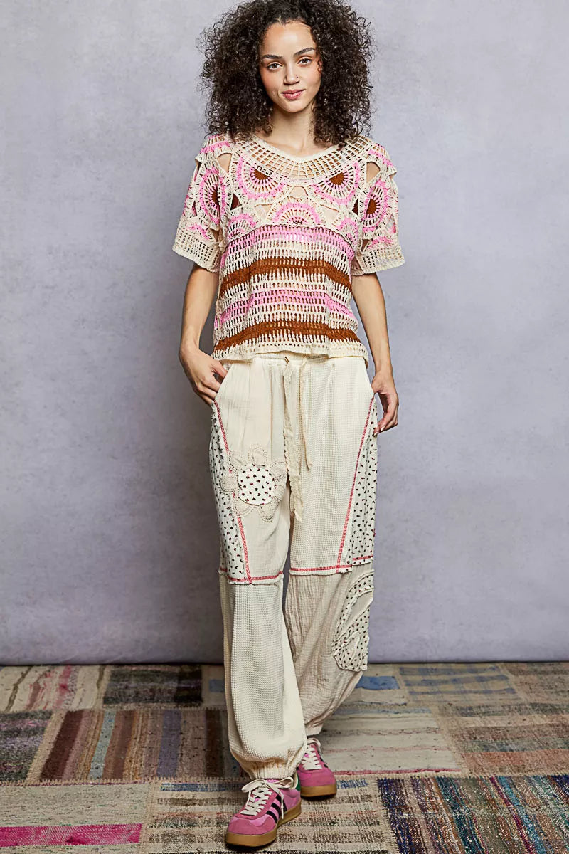 POL Crochet Top Pink Multi Weave Pattern Short Sleeve with Border Accents 147b0ee5-a7a2-471c-bf69-0d8ad59d245a-Max-Origin Trendsi