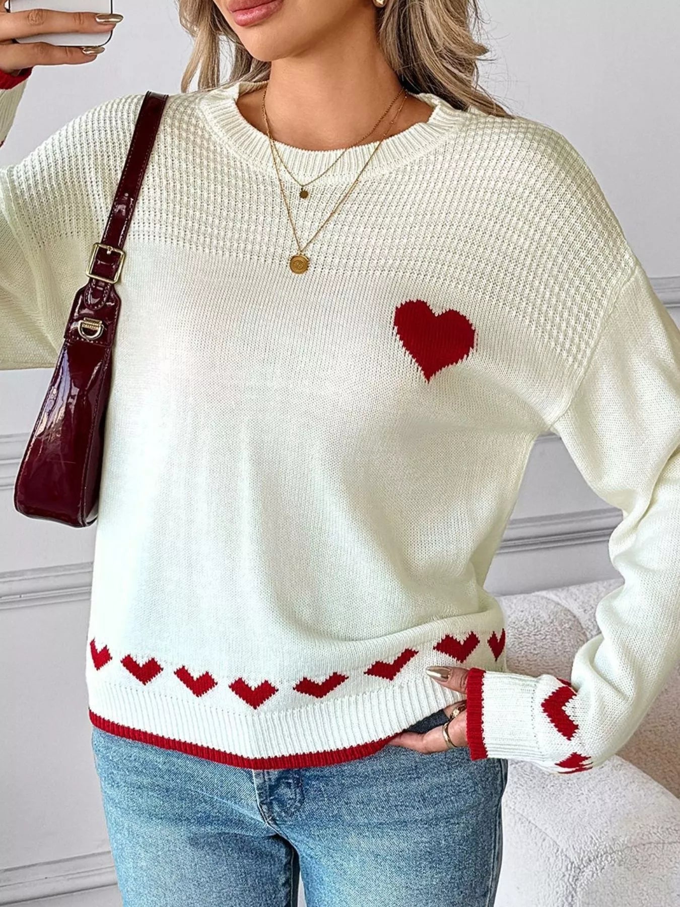 Women's Sweater White Heart Pattern Dropped Shoulder Long Sleeve Pullover 148f539e-a4ca-4103-8ca0-50904b2fb667-Max-Origin Trendsi