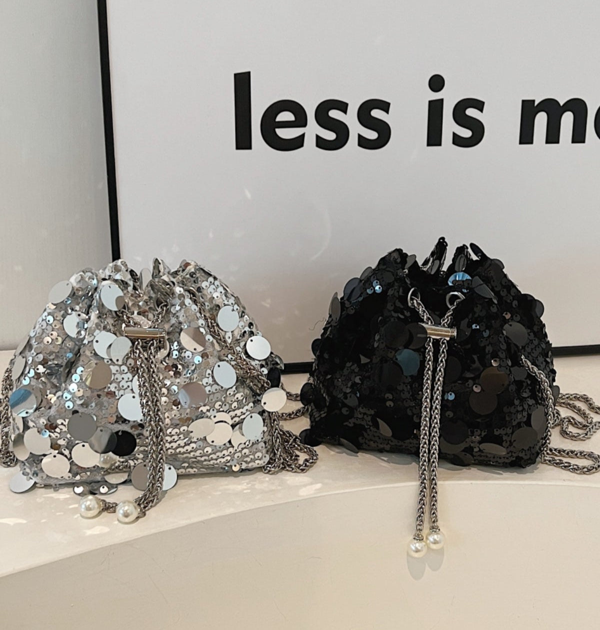 Sequin Silver Bucket Bag Drawstring Small Women Chain Crossbody Strap