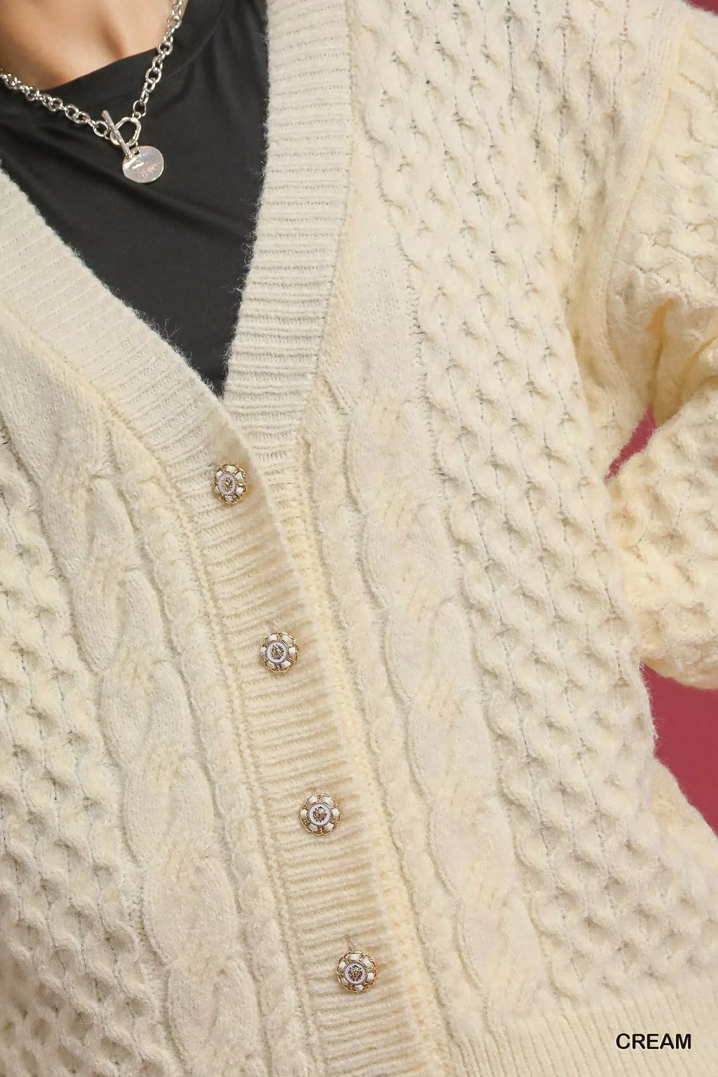 Umgee Cardigan Cream Cable Knit Pearl Button V Neck 1491c346-faaa-4339-9f93-b6f20f681313-Max-Origin Trendsi