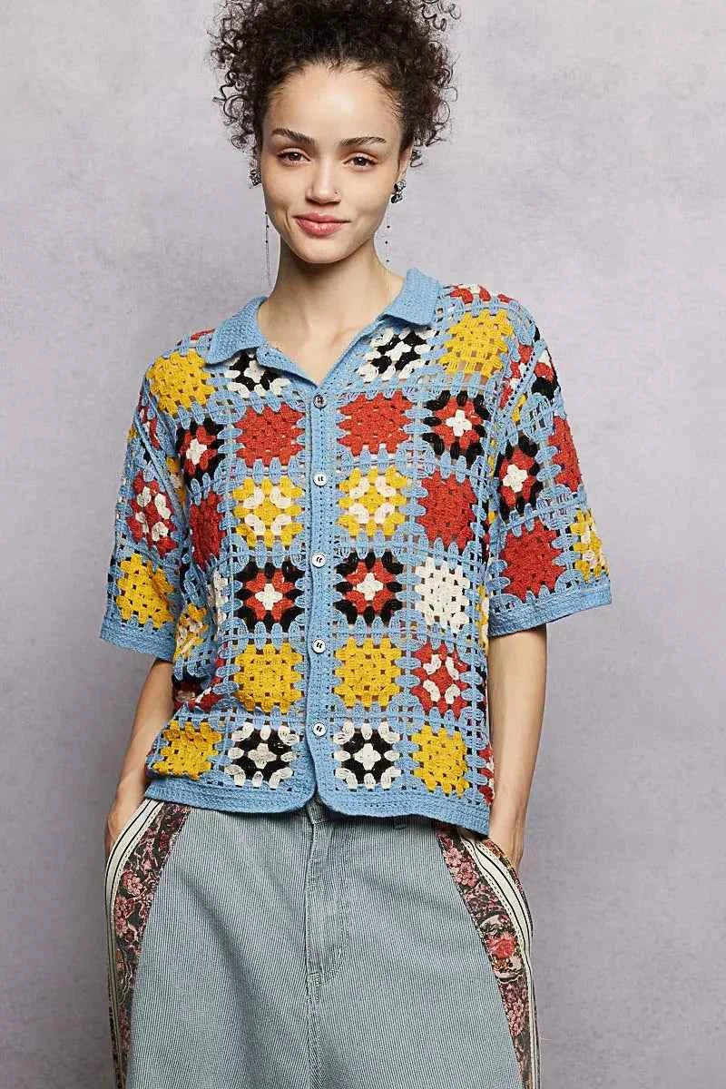 POL Crochet Women Shirt Sky Multi Floral Short Sleeve Relaxed Fit Top SKY MULTI One Size 1492b2e5-0614-46ab-920c-79a98fdeb09b-Max-Origin Trendsi