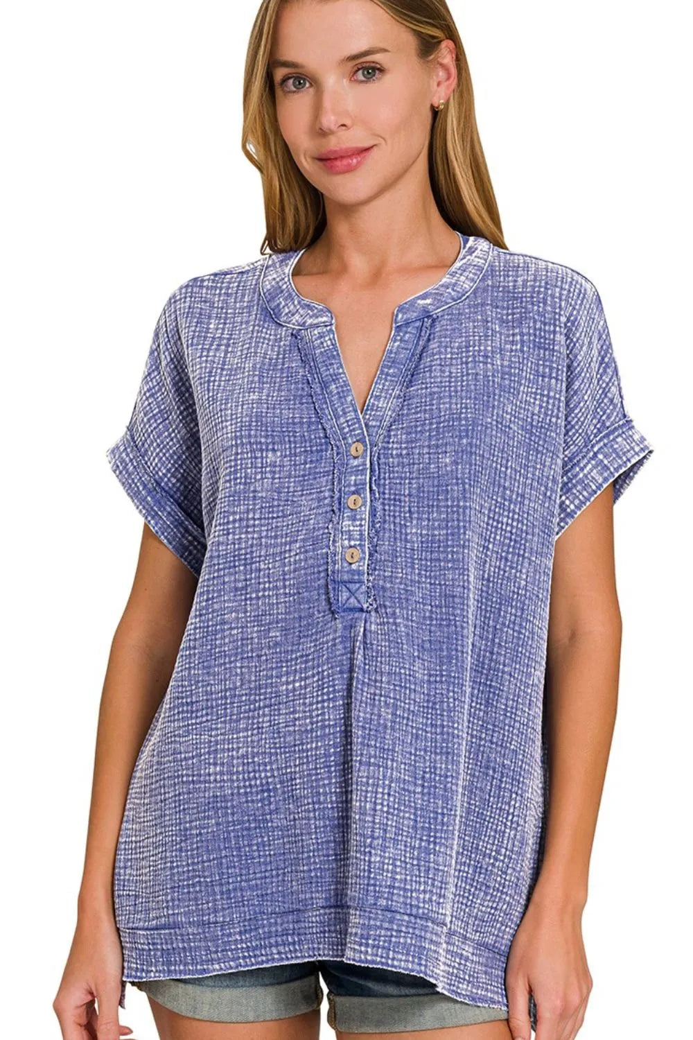 Zenana Cotton Top Blue Washed Double Gauze 3/4 Button Henley Neck Shirt MARLIN 1495d7a7-6956-4b6e-96c4-f6730f9a3dd3-Max-Origin Trendsi