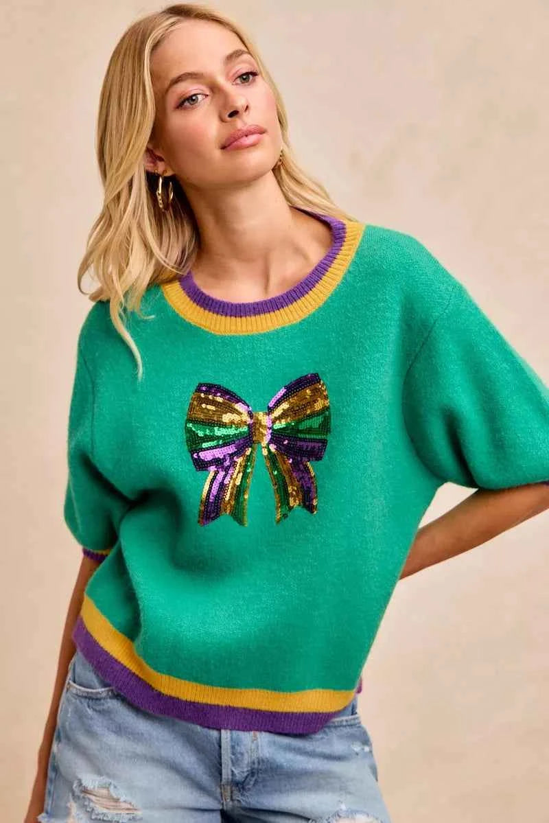 BiBi Sweater Green Mardi Gras Sequin Ribbon Patched Short Sleeve 1498eaacbe7e41819b730a41ef6f2a76-Max-Origin Trendsi