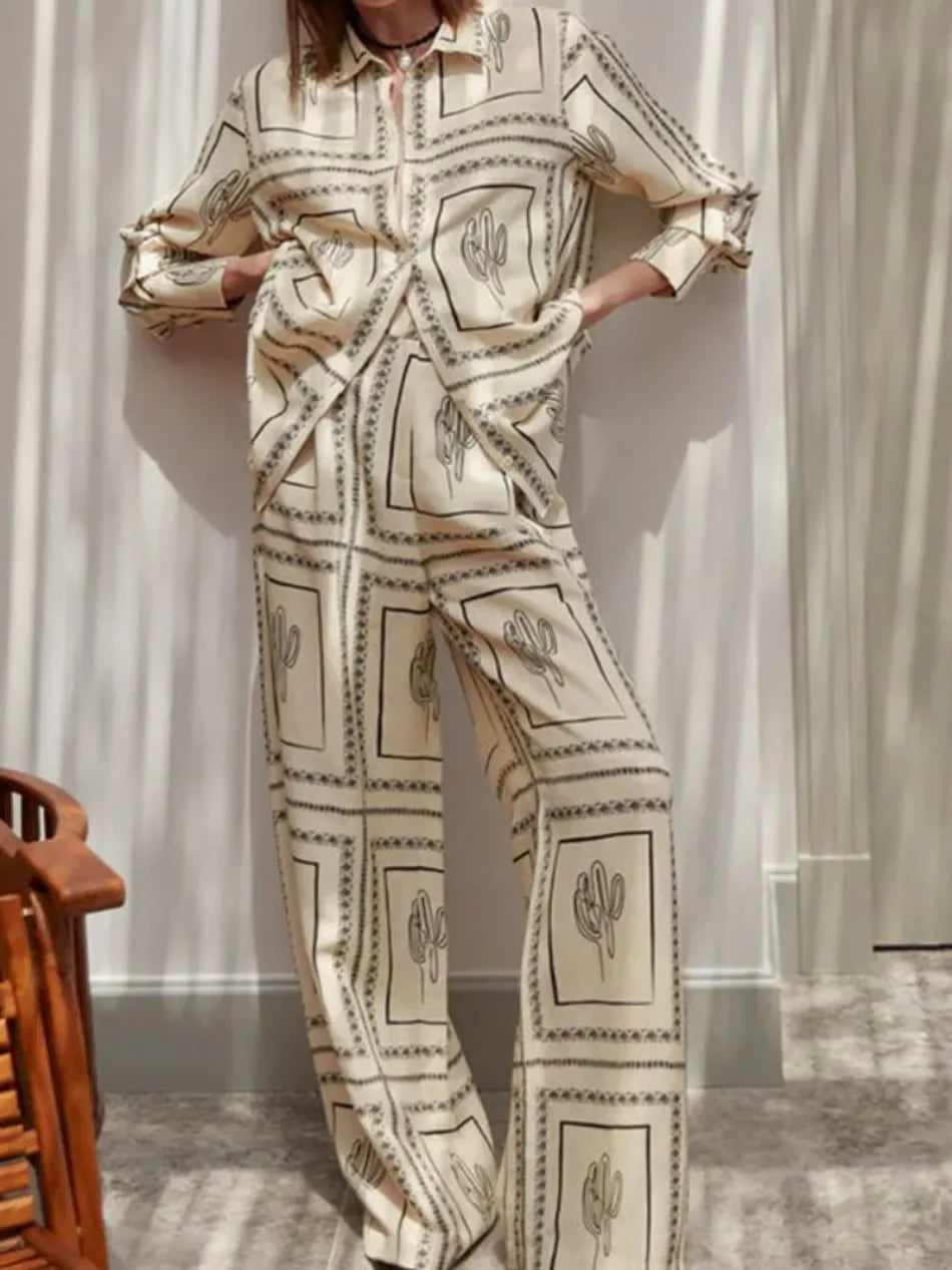 Women's Casual Fashion Outfit Set Cactus Print Long Sleeve Shirt Wide Leg Pants