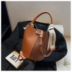 Women's Bucket Bag Small Coffee Brown PU Leather Two-Tone Casual Crossbody