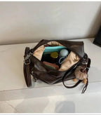 Women's Large Shoulder Bags Pu Leather Black Outer Zip Pocket Casual Handbag