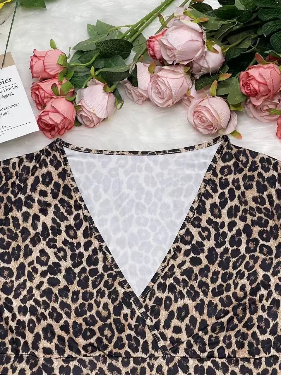 Plus Size Leopard Print Long Sleeve Split Dress Women's Fashion Surplice Maxi Dress