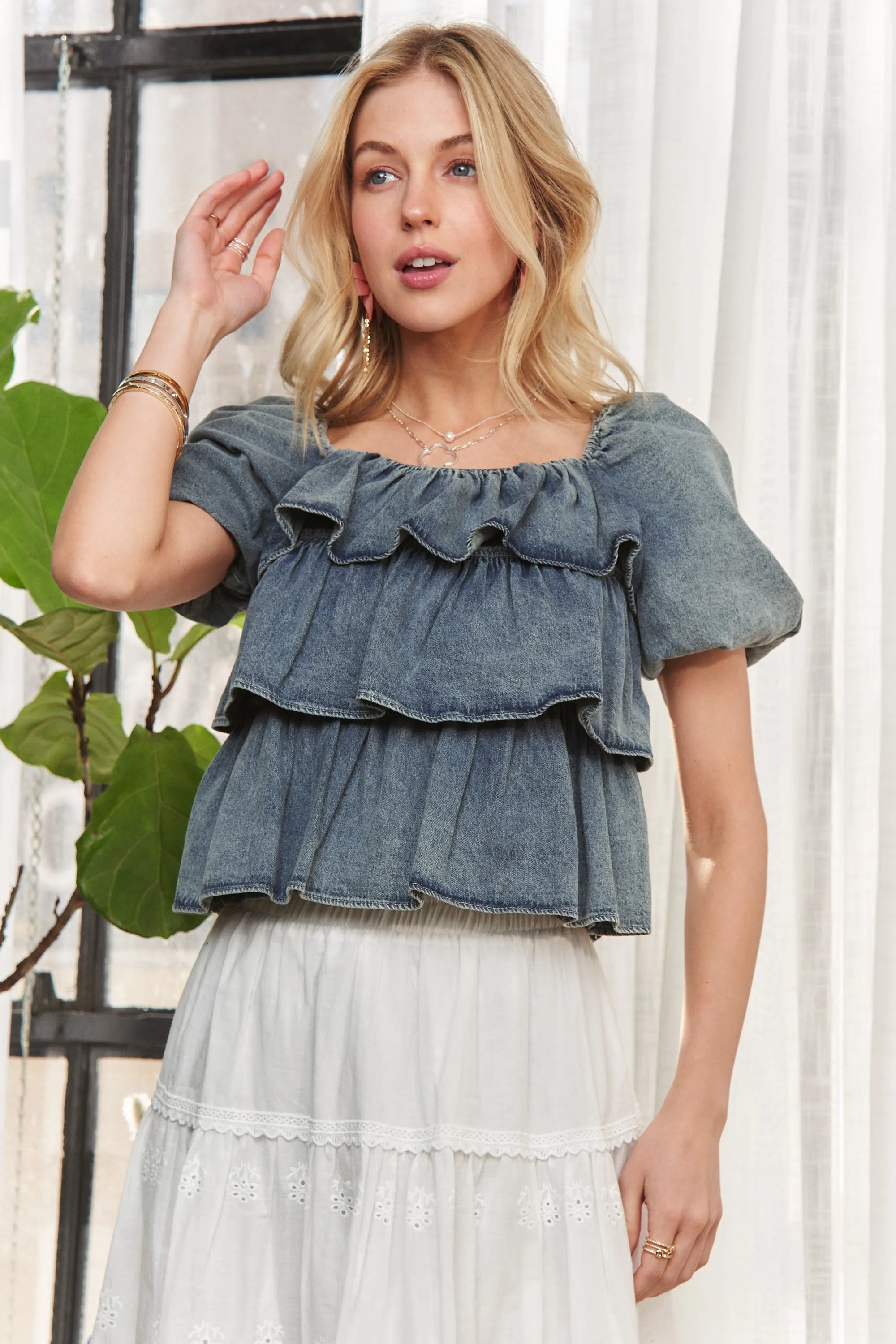 ADORA Ruffle Blouse Denim Washed Layered Short Puff Sleeve Top 14ac5fa4d2ff447d9f91c8bad18c4bbf-Max-Origin Trendsi