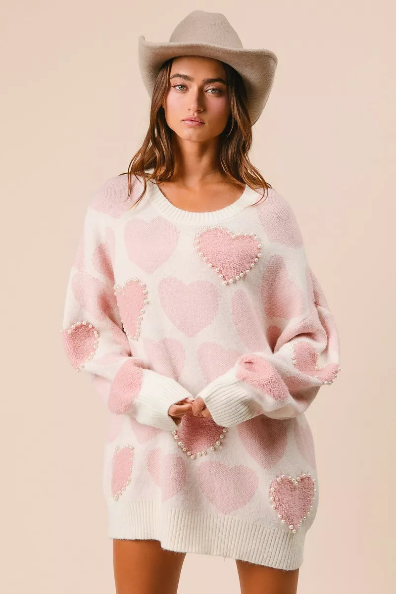 BiBi Womens Sweater Light Pink Heart Pattern with Pearl Detail 14b27d2e25ae4cbfa57701cf683eed8f-Max-Origin Trendsi