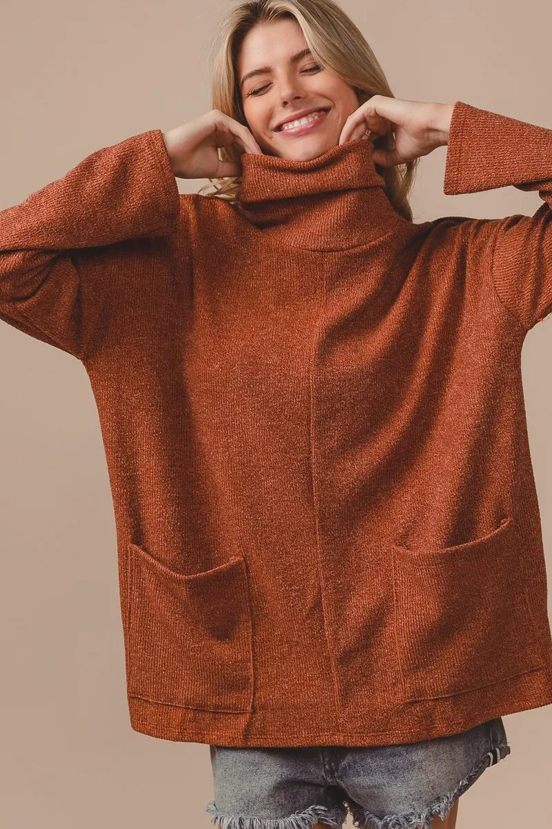 BiBi Piper Rib Sweater Turtle Neck Rust Double Front Pockets Oversized Top 14bd070b138943bcbe80a219d6460a42-Max-Origin Trendsi