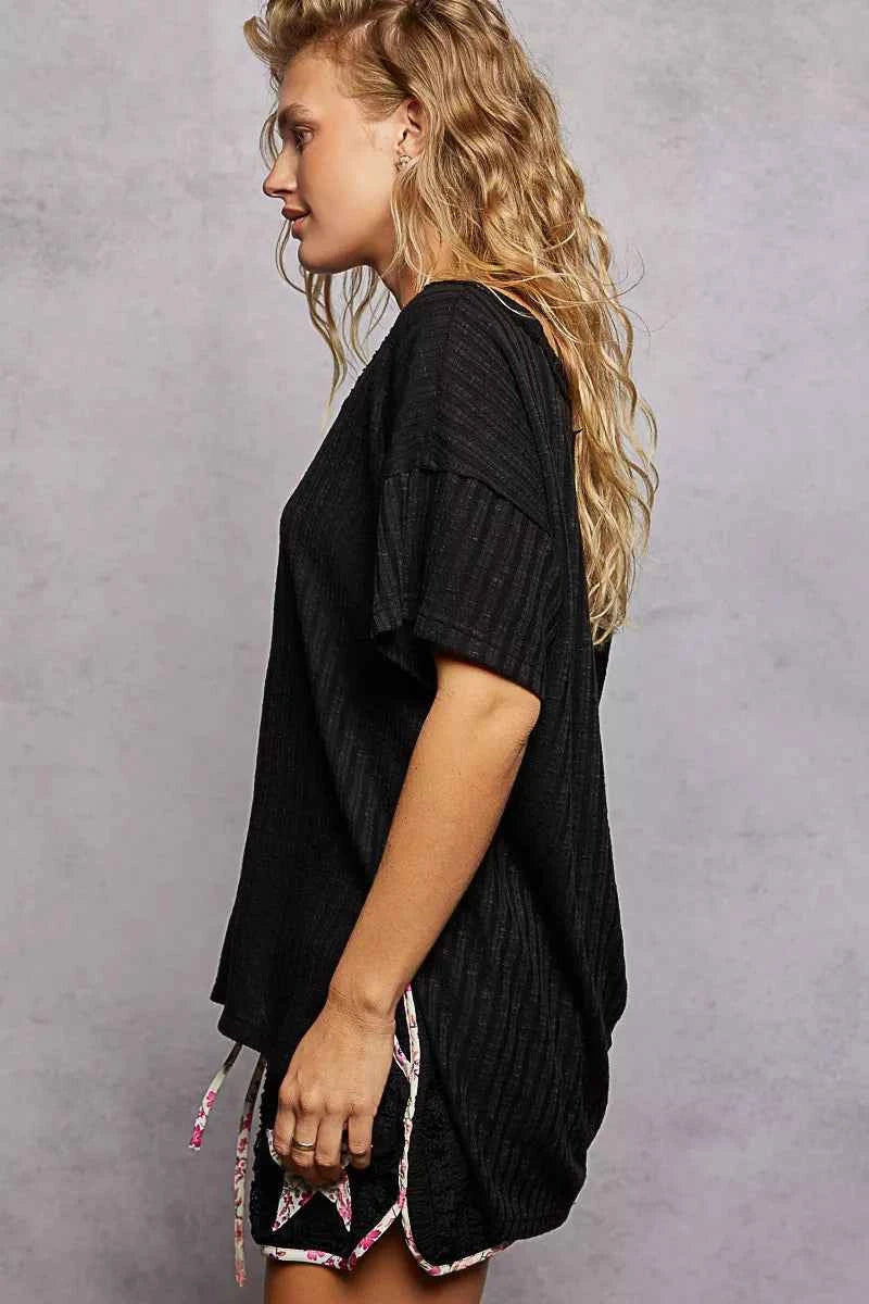 POL Ribbed Women T-Shirt Black Knit V-Neck Short Sleeve Top 14bddd4d-a2df-4d34-96df-7140cb2c76fa-Max-Origin Trendsi