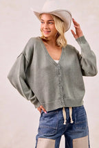 BiBi Womens Cardigan Cotton Washed Sweater Olive V Neck Basic Style 14c8b6b2e13245fa948f8eeccfc26d83-Max-Origin Trendsi