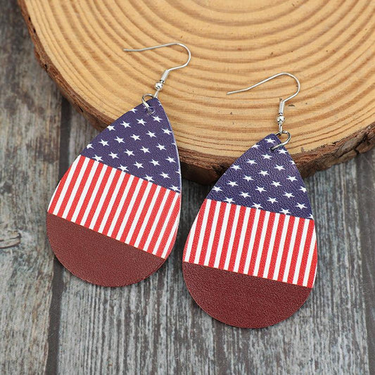 Earrings American USA Pattern Stars and Stripes  PU Leather Teardrop