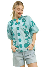 Umgee Womens Blouse Teal Floral Smocked Notched Puff Short Sleeve Top TEAL 14cd1bc8-8c87-4f45-ba85-095d26e8c153-Max-Origin Trendsi