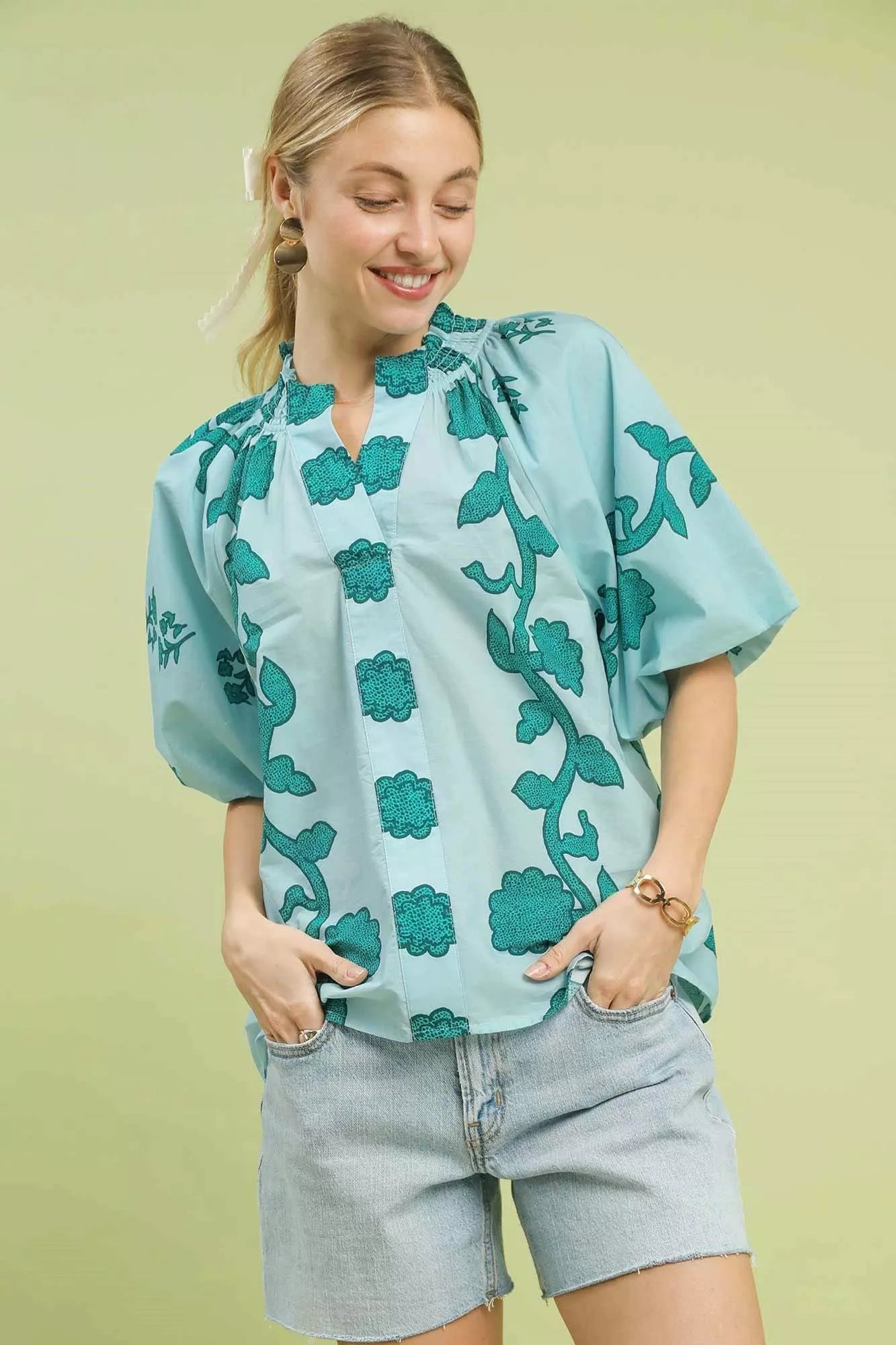 Umgee Womens Blouse Teal Floral Smocked Notched Puff Short Sleeve Top TEAL 14cd1bc8-8c87-4f45-ba85-095d26e8c153-Max-Origin Trendsi