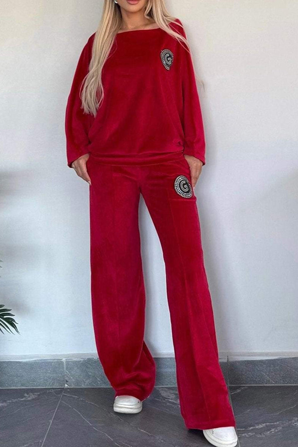 Outfit Set Women Velvet Full Size Boat Neck Long Sleeve Top and Pants Set 5XL