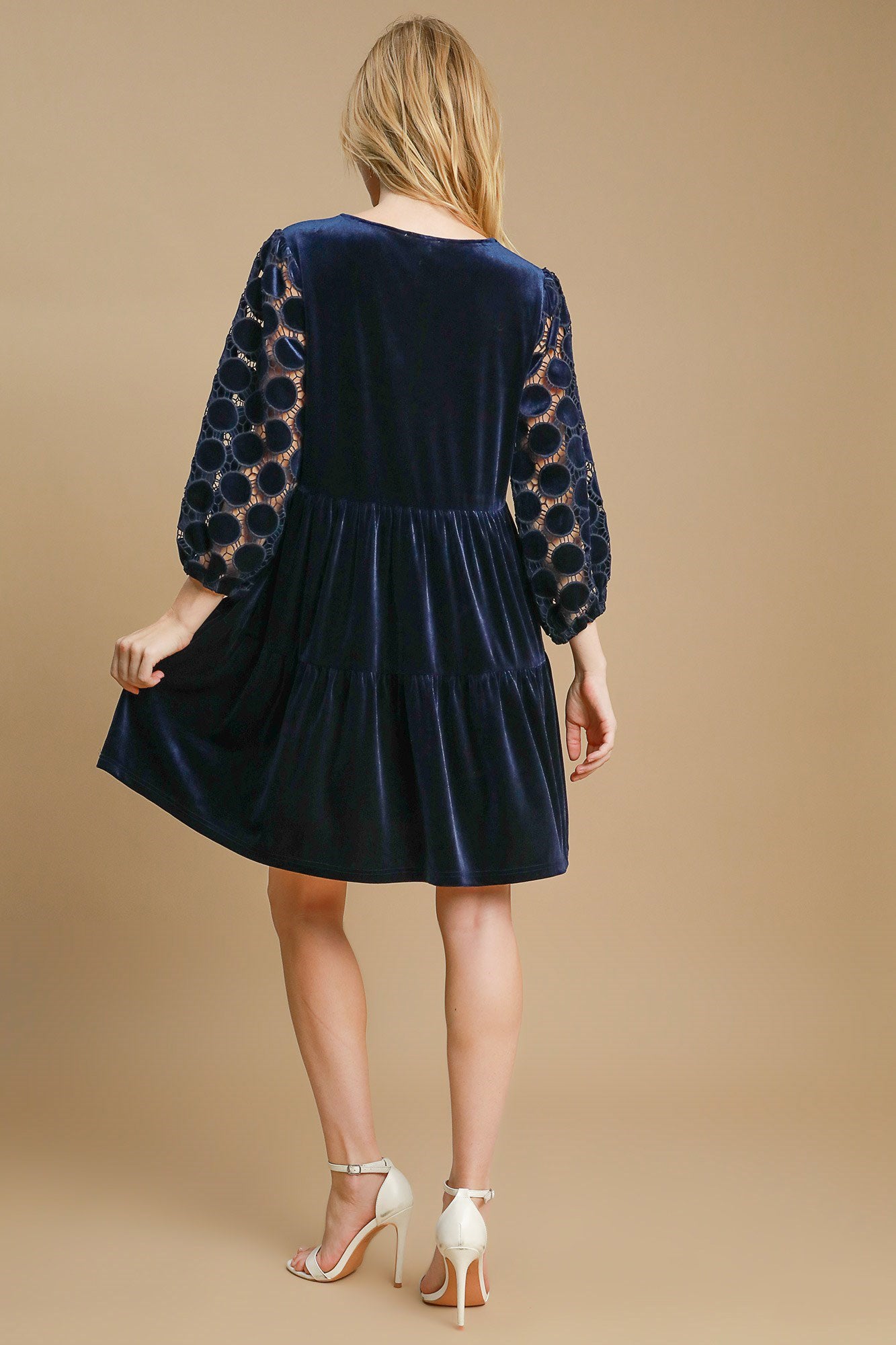 Umgee Velvet Mini Dress Navy Dotted Flower Lace Long Sleeve Tiered