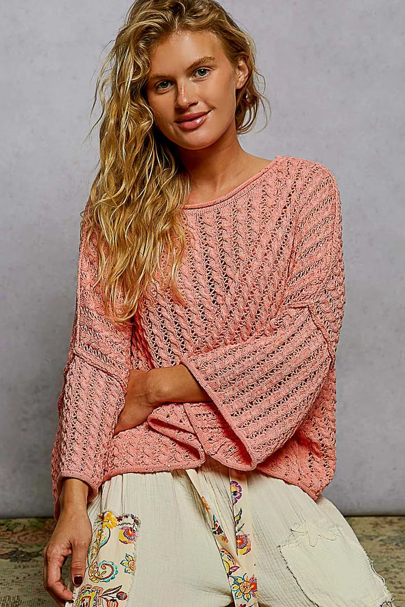 POL Cropped Sweater oral Orange Cable-Knit Openwork Round Neck Top CORAL ORANGE 14dbbf00-6482-4dcb-92d6-1a4b15df1854-Max-Origin Trendsi