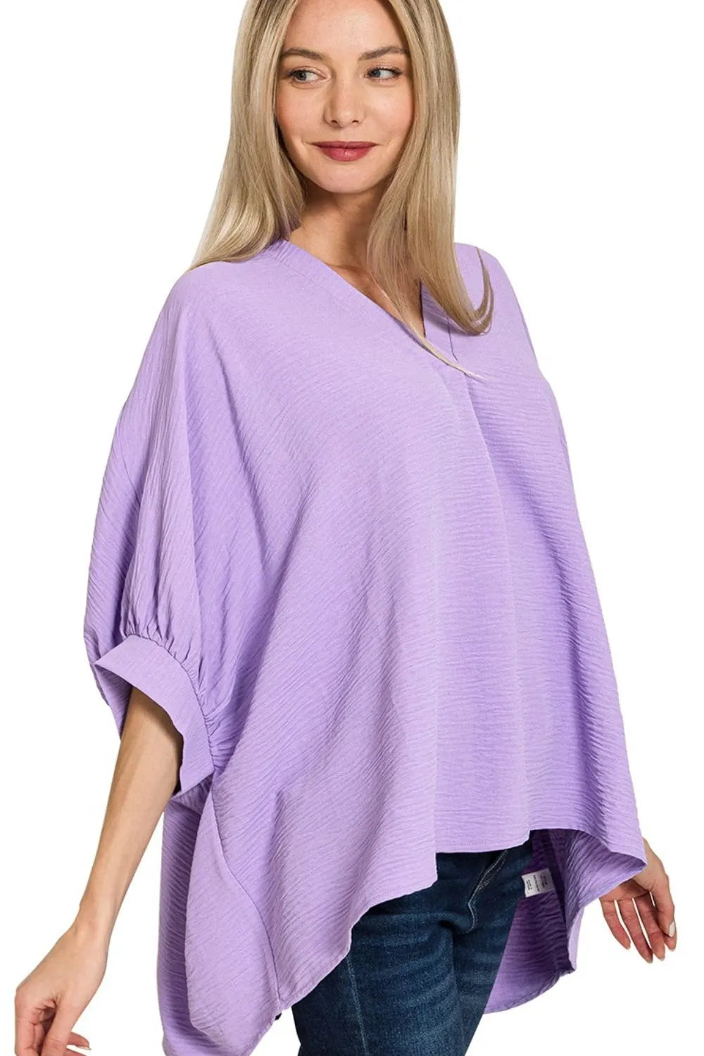 Zenana Blouse Lavender Woven Airflow V-neck Puff Half Sleeve Oversized Top LAVENDER 14e45103-45e2-476c-b664-9b7452d84a57-Max-Origin Trendsi