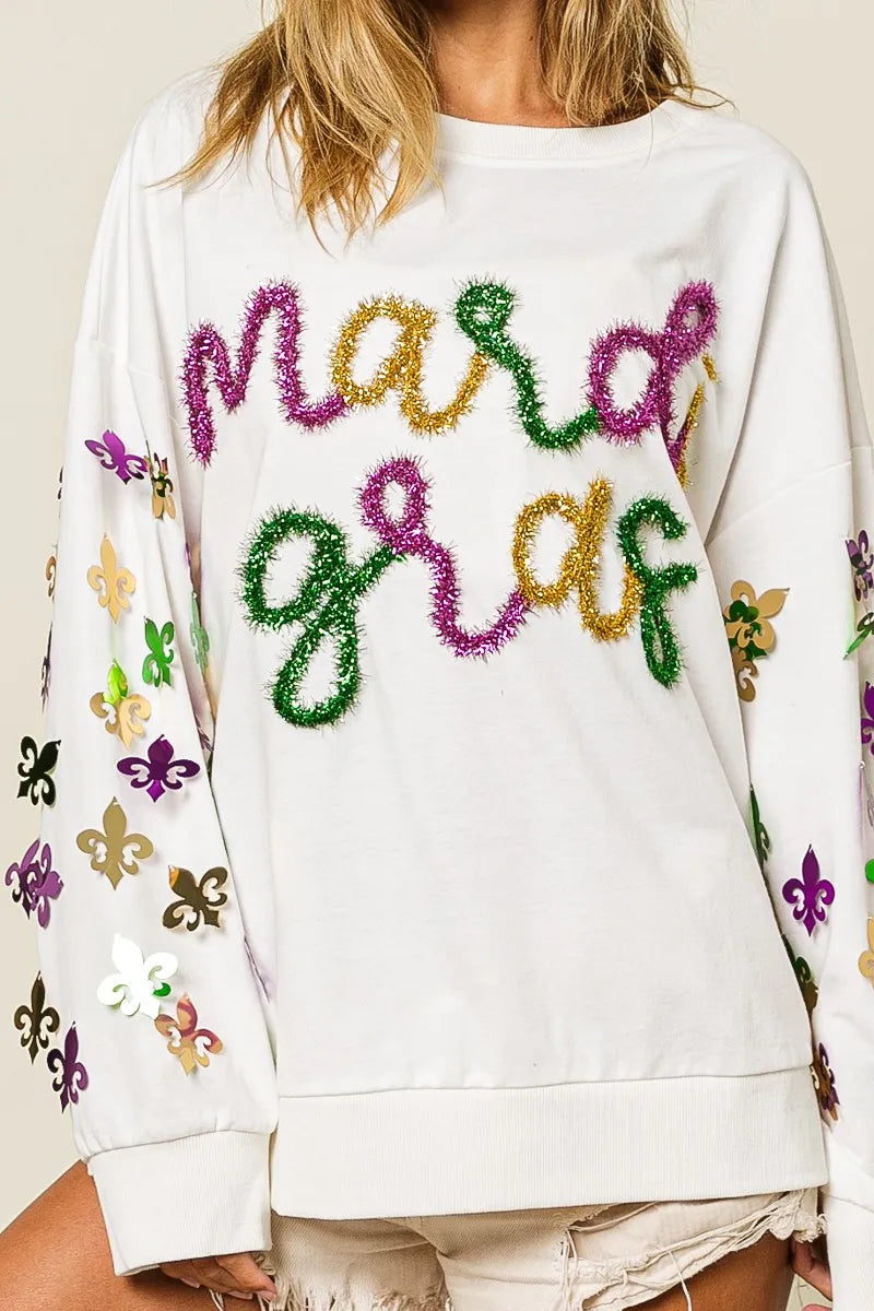 BiBi Womens Pullover Off White Fleur De Lis Sleeve Mardi Gras 14e4fe3c7eb44e8eb69e229f012a118a-Max-Origin Trendsi
