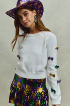 SO ME Sweater Knit Top Mardi Gras Glitter Bow Ribbon Ivory 14ec92edffe243c1a0422e022d241905-Max-Origin Trendsi