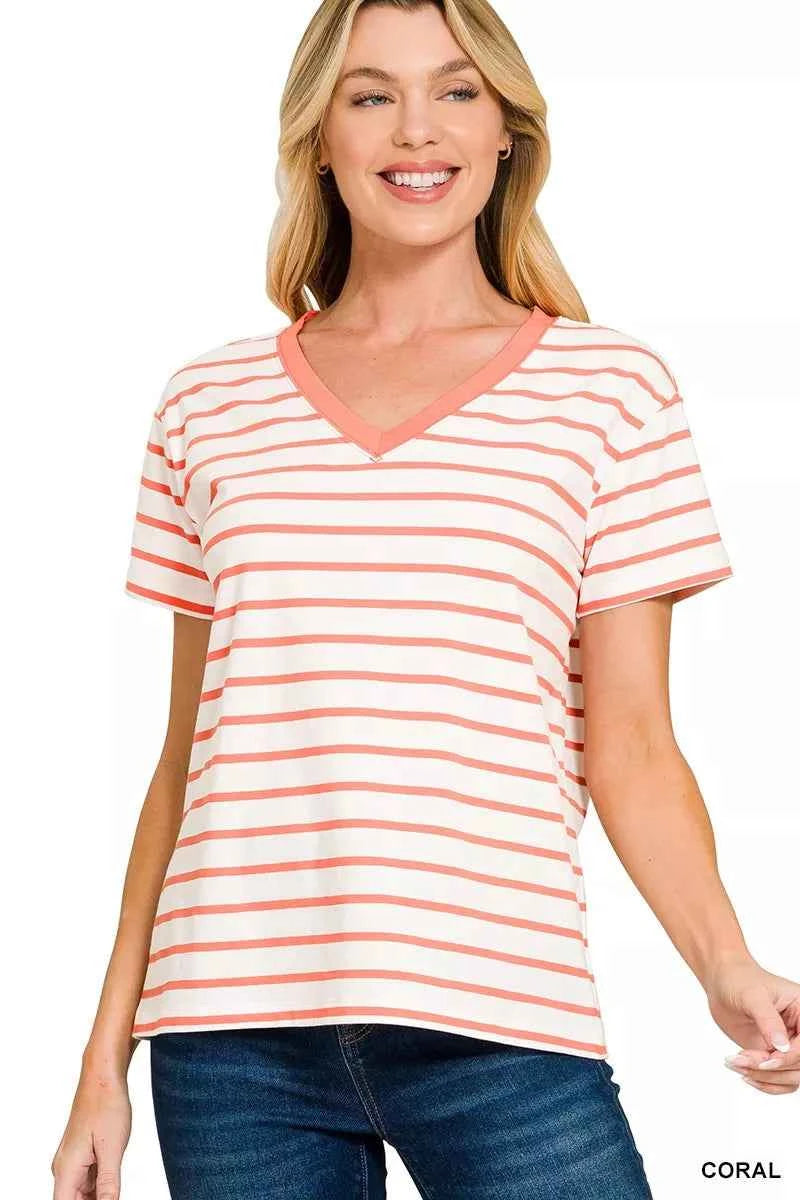 Zenana Striped V-Neck Short Sleeve T-Shirt