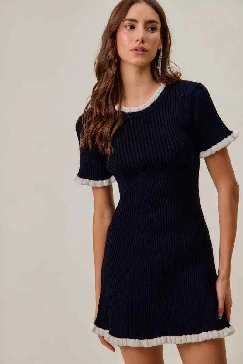 SO ME Contrast Ruffled Sweater Knit Mini Dress