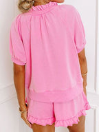 Women's Outfit Set Pink Half Zip Puff Sleeve Top and Ruffled Shorts 2 Pcs 14f6f13e-708d-4669-b9b9-ac6ccb0cc903-Min Trendsi