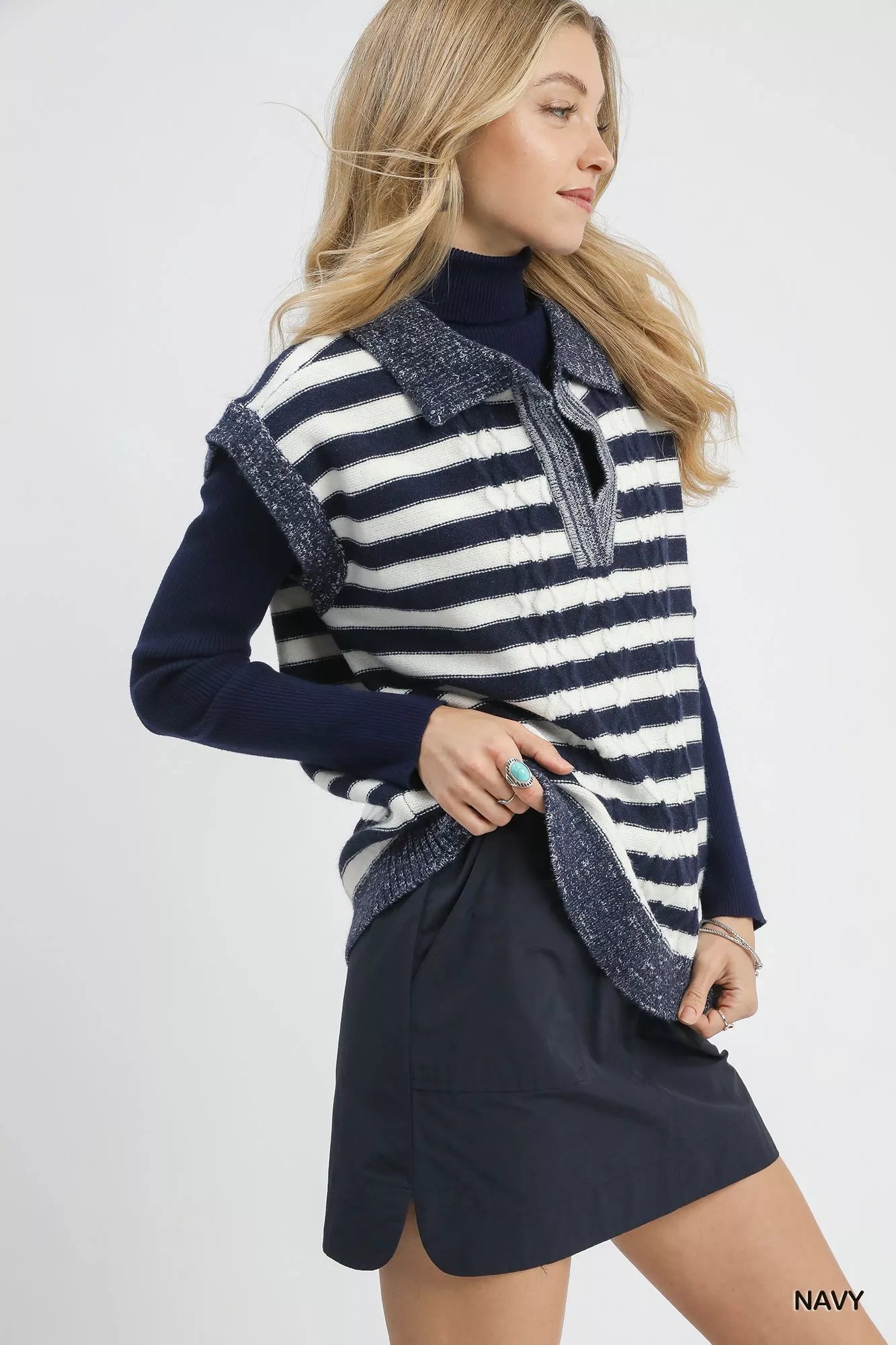 Umgee Womens Striped Vest Sweater Navy Cable Knit Collared 14fa9f6d-d84d-42eb-a15f-565136d6eb5a-Max-Origin Trendsi