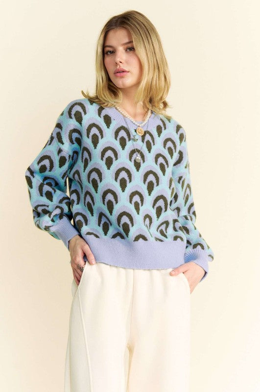 Davi & Dani Sweater Pastel Blue Eyelet Scale Jacquard Round Neck Drop Shoulder