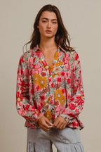 BiBi Women's Shirt Rose Floral Printed Smocked Long Sleeve Top 15083d5da1f04d92b5aab0ae43aa2a10-Max-Origin Trendsi