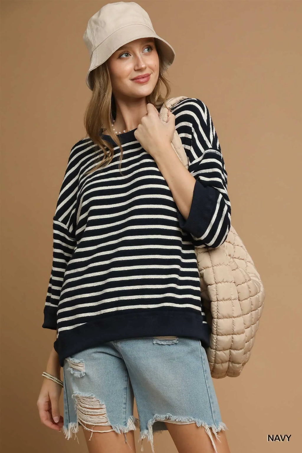 Umgee Knit Top Striped Oversized Navy Ribbed Hem 3/4 Sleeve Blouse 1509d492-d5ce-4849-abd9-b85d7961e600-Max-Origin Trendsi