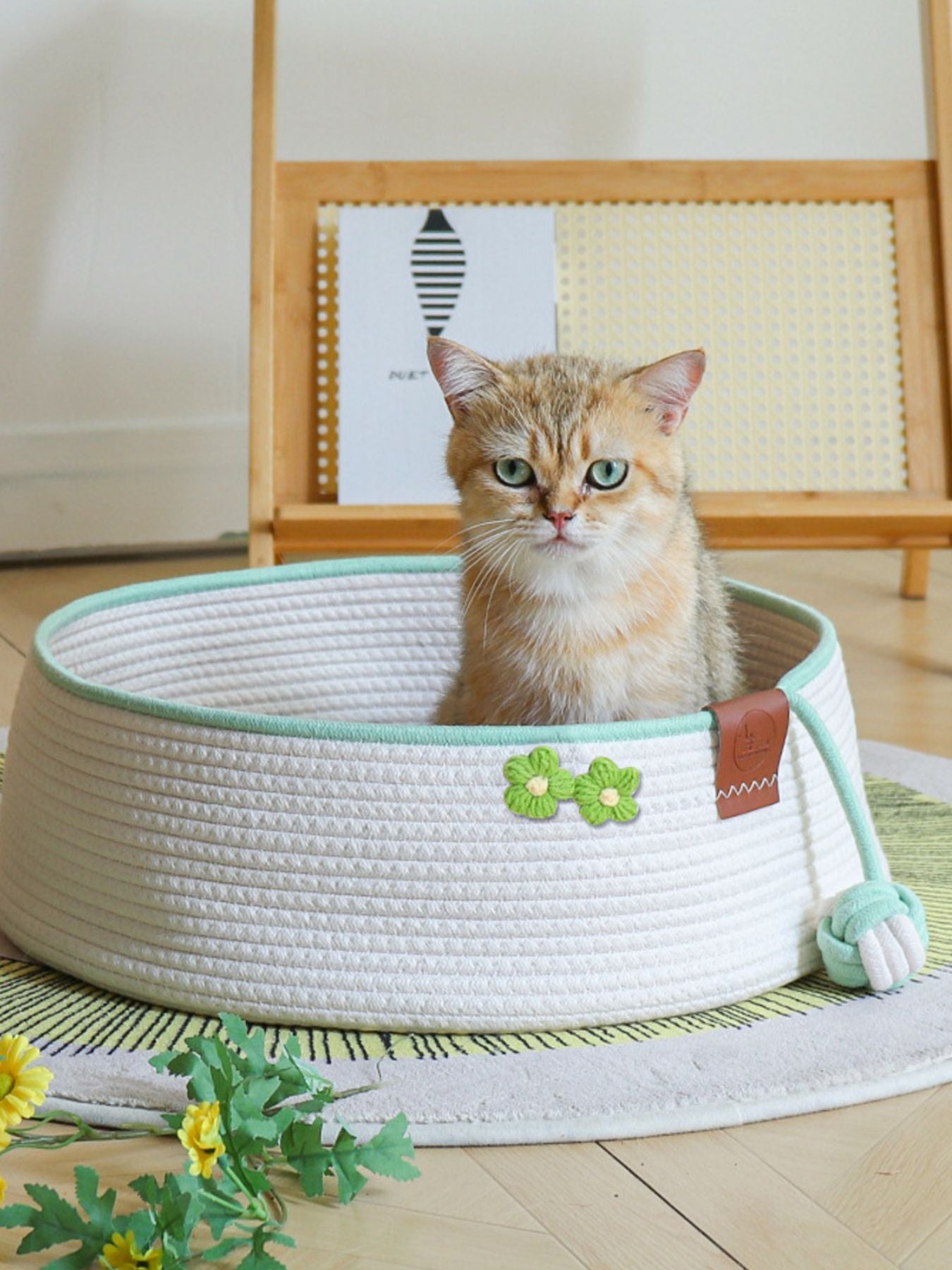 Woven Cotton Cord Pet Nest with Toy Ball, Foldable and Semi-Enclosed for Security, 4-Piece Set