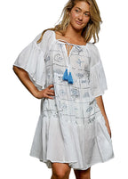 POL Embroidered Mini Dress with Tied Tassel and Half Flared Sleeves