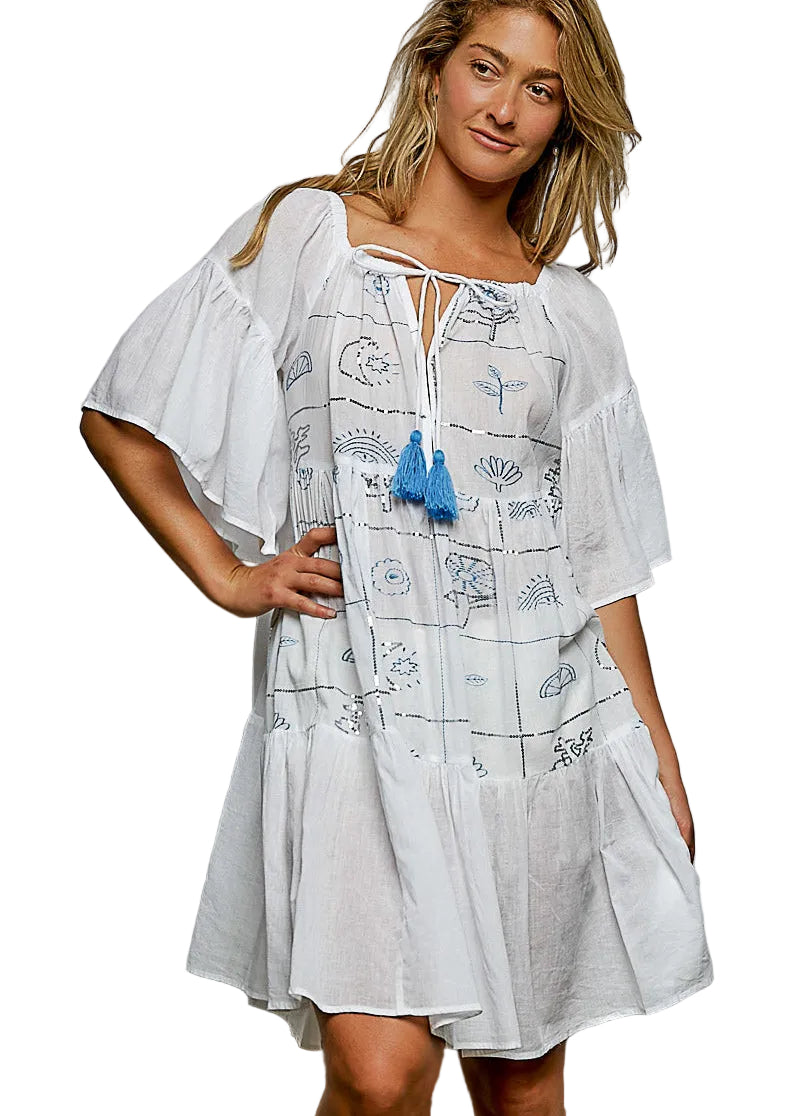 POL Embroidered Mini Dress with Tied Tassel and Half Flared Sleeves