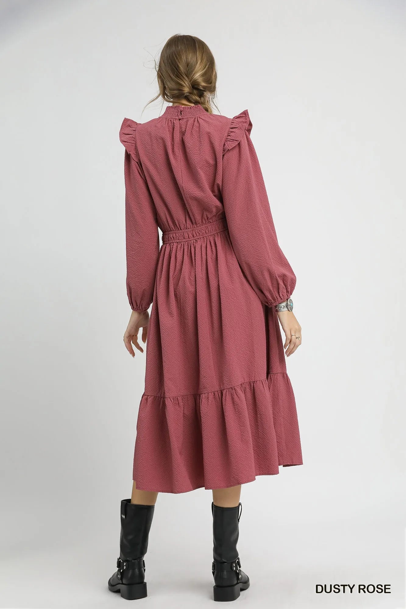 Umgee Midi Dress Dusty Rose Textured with Ruffle Shoulder Long Sleeve Smocked 151df93b-12d3-4535-95cd-82024c11813f-Max-Origin_fadddc62-3b48-4a1c-95f9-60897afe7372 Trendsi