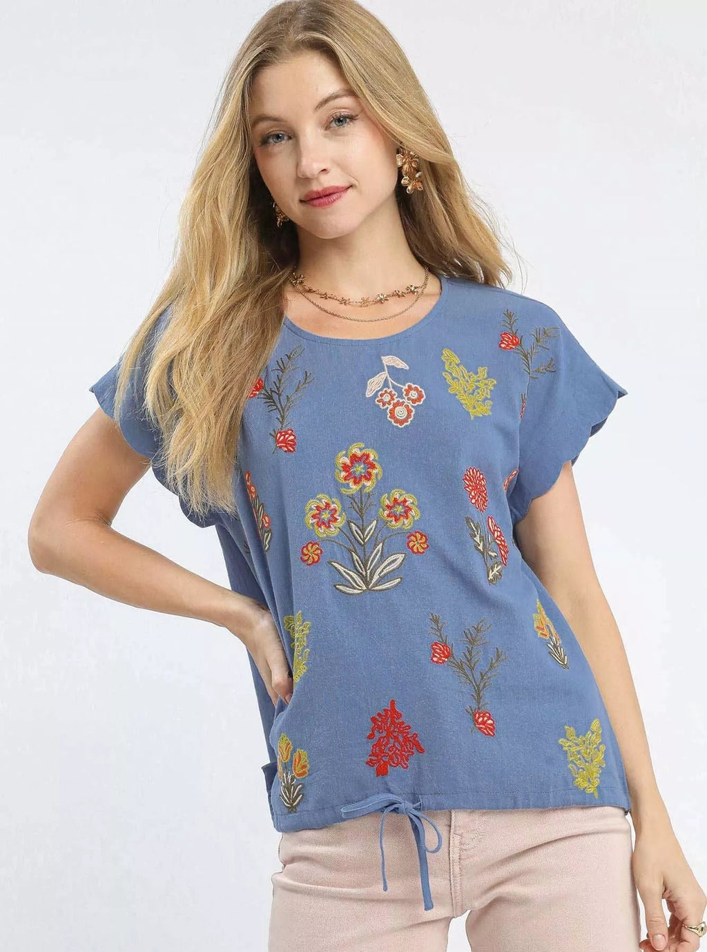 Umgee Womens Blouse Blue Floral Embroidered Scallop Short Sleeve Top DENIM 1529c87b-7348-4710-b28f-9ae58827b1ae-Max-Origin Trendsi