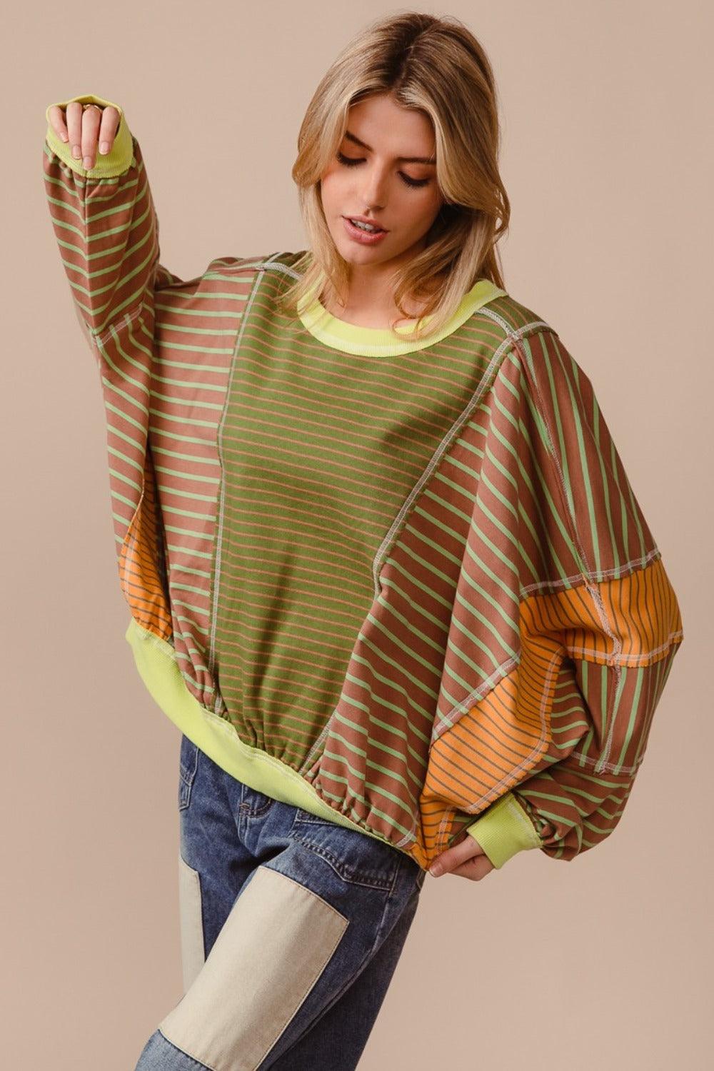 BiBi Sweatshirt Striped Color Block Round Neck USA Stock Oversized Top Olive Latte