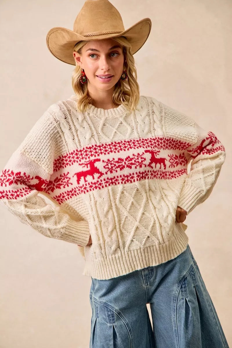 BiBi Christmas Womens Sweater Ivory Red Cable Knit Knit Pullover 1535969450ec4001b96e7814cce7a966-Max-Origin Trendsi