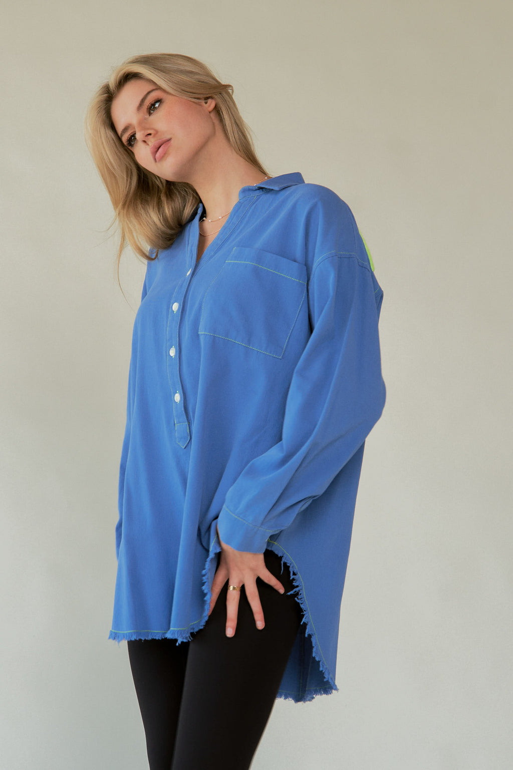 Davi & Dani USA Blue Shirt AMOR Letter Cotton Back Raw Hem Half Button 15379d0a-f66c-4580-91ef-2ce7e0b4b65f-Max Trendsi