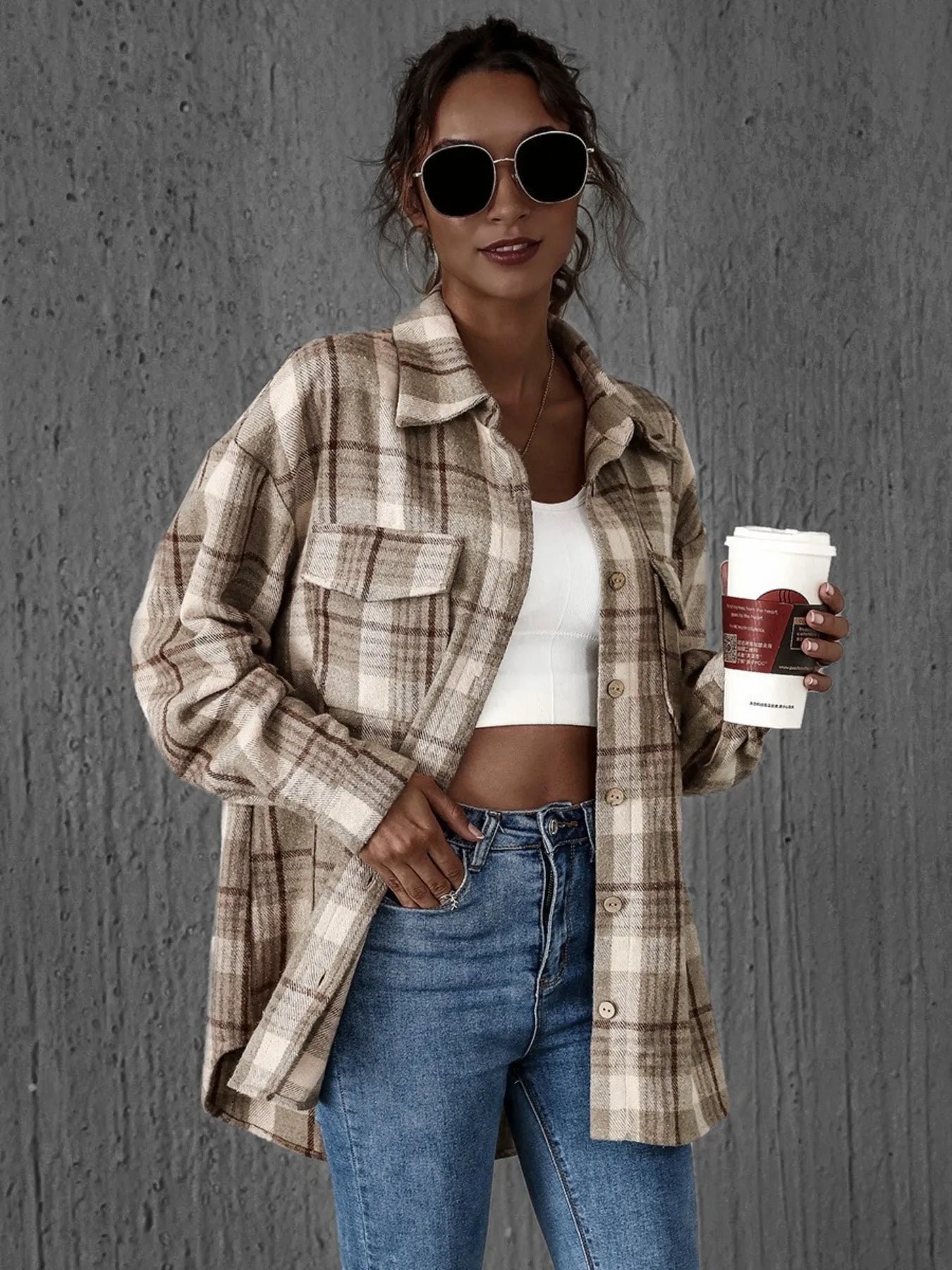 Women's Plaid Shirt Button-Up Long Sleeve Oversized Pocketed Top Khaki 1539d6a4-df51-44b2-bdec-8ce08fde38b1-Max-Origin Trendsi