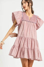 Umgee Mini Dress Dusty Pink Floral Ruffled Cap Sleeve Tiered Dusty Pink 15468577-7c44-44e6-90bb-4f776d47b55c-Max-Origin Trendsi