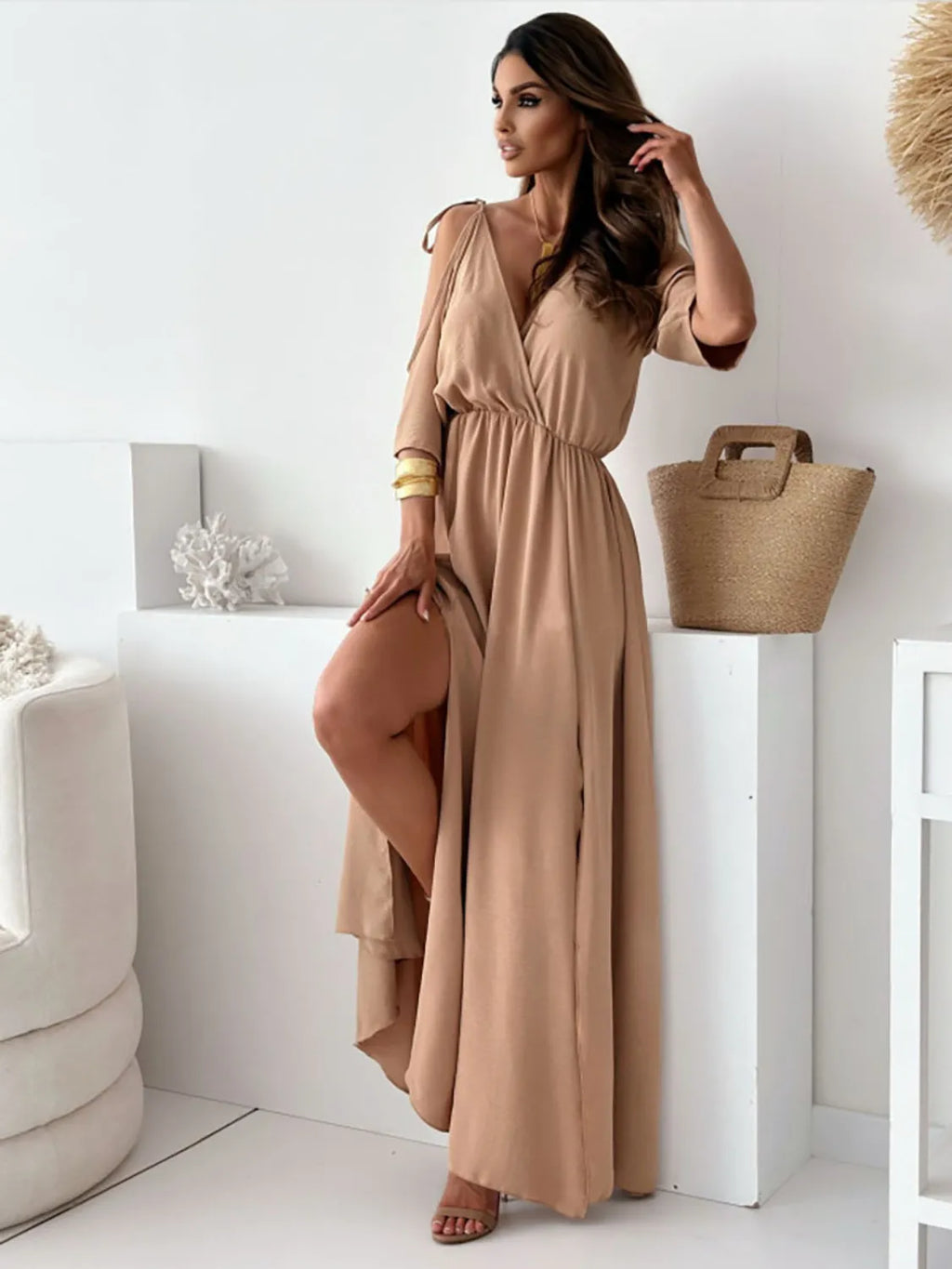 Maxi Summer Dress V Neck Tied Shoulder Slit Short Sleeve High Waisted 1551d566-04f1-4fd6-a731-5e81e3ad822b-Max-Origin Trendsi