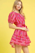 Umgee Mini Dress Hot Pink Ruffle Floral Printed Bow Tie Waist Puff Short Sleeve 1559396f-fc51-42ff-b869-835e760fbe54-Max-Origin Trendsi